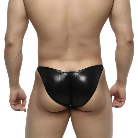 Black glossy faux leather thong with sleek minimalist design for metroMalewear IFBB PRO posing suit leather