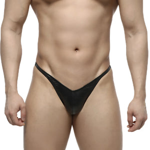 Black glossy latex thong with subtle textured pattern in MetroMaleWear PosingWear IFBB PRO leather posing suit back view