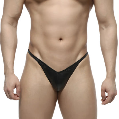 Black glossy latex thong with subtle textured pattern in MetroMaleWear PosingWear IFBB PRO leather posing suit back view