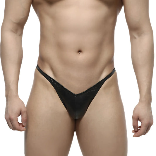 Black glossy latex thong with subtle textured pattern in MetroMaleWear PosingWear IFBB PRO leather posing suit back view