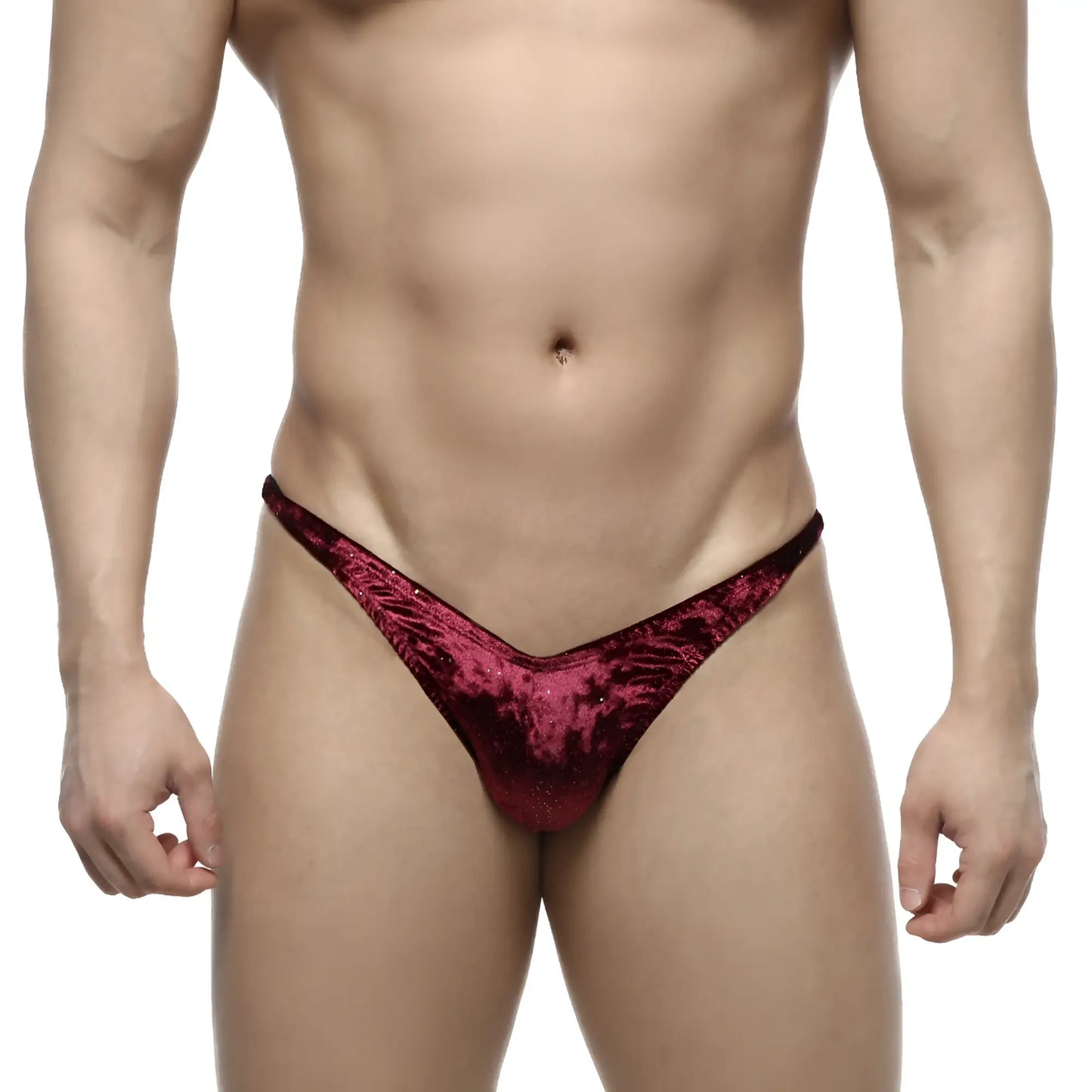 MetroMaleWear IFBB PRO posing suit deep red velvet thong with subtle textured pattern front view