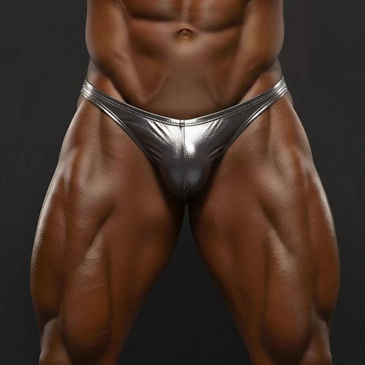 MetroMaleWear metallic carbon posing suit shiny silver metallic briefs with sleek form fitting design