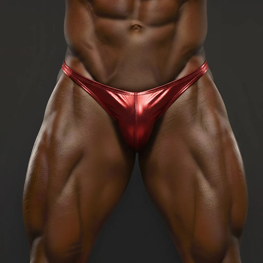 Shiny red metallic briefs from MetroMaleWear PosingWear metalic red posing suit front view