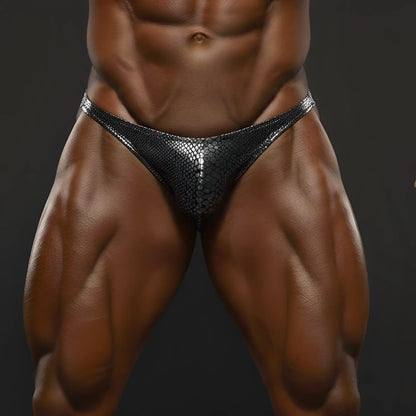 Shiny black snakeskin patterned athletic briefs from metromalewear posingwear metallic snake posing suit showing front side