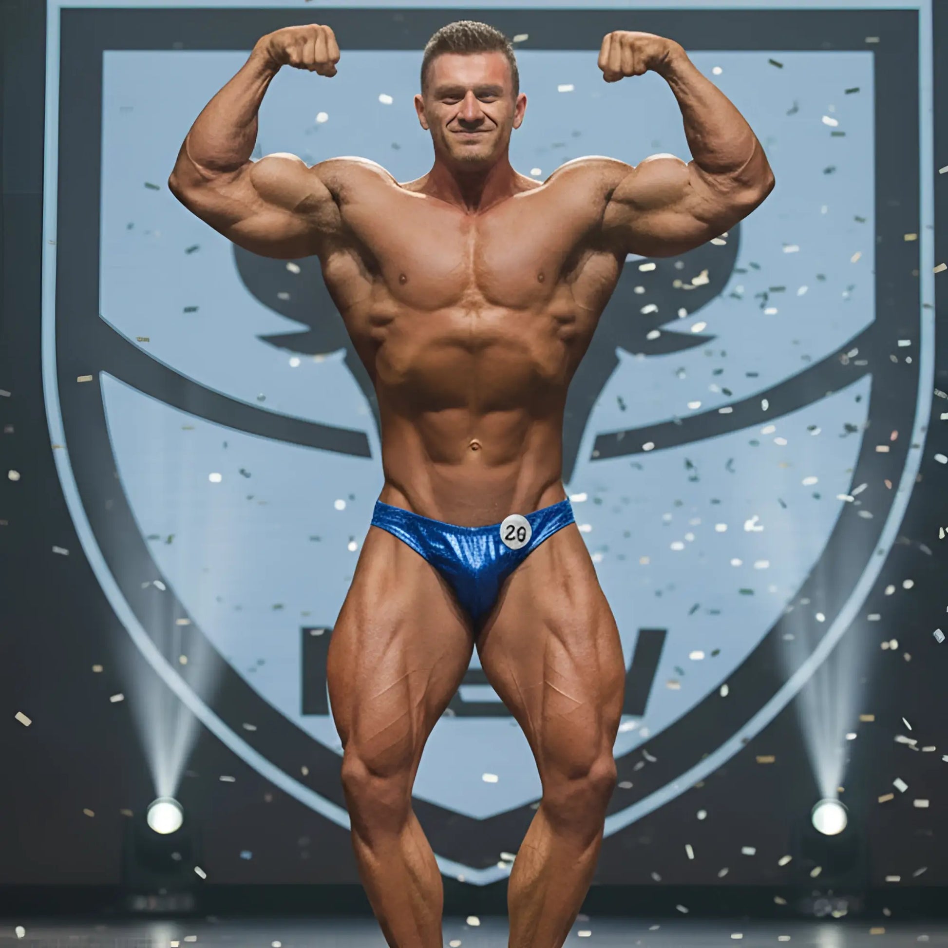 Blue shiny hologram competition briefs with number 20 from metromalewear posingwear royal posing suit