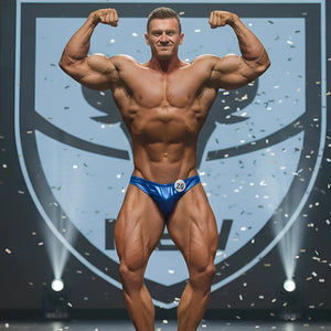 Blue shiny hologram competition briefs with number 20 from metromalewear posingwear royal posing suit