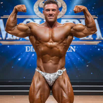 A muscular man wearing metroMaleWear white and gray snake skin posing suit competition briefs with the number 18 pinned