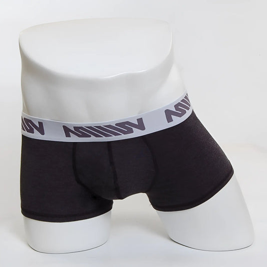 Black mens padded boxer briefs with a gray waistband featuring the million logo from metromalewear premium heather 3032-11