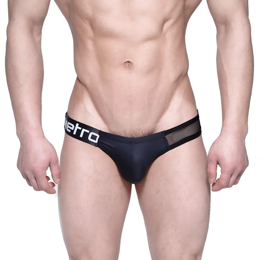 Black men’s briefs with mesh panel and white metro branding on waistband from MetroMaleWear Puente Bikini 3603-51