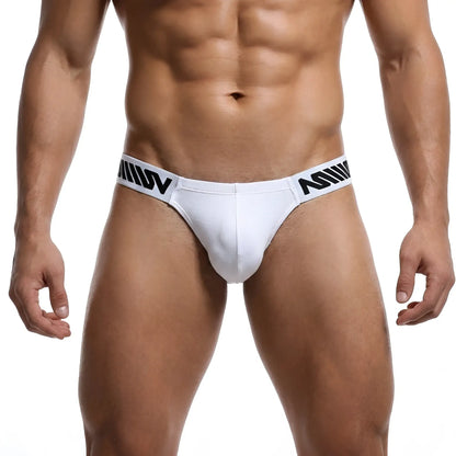 White briefs with a black logo waistband from MetroMaleWear Puente Bikini Blank 3603-06 showing front view