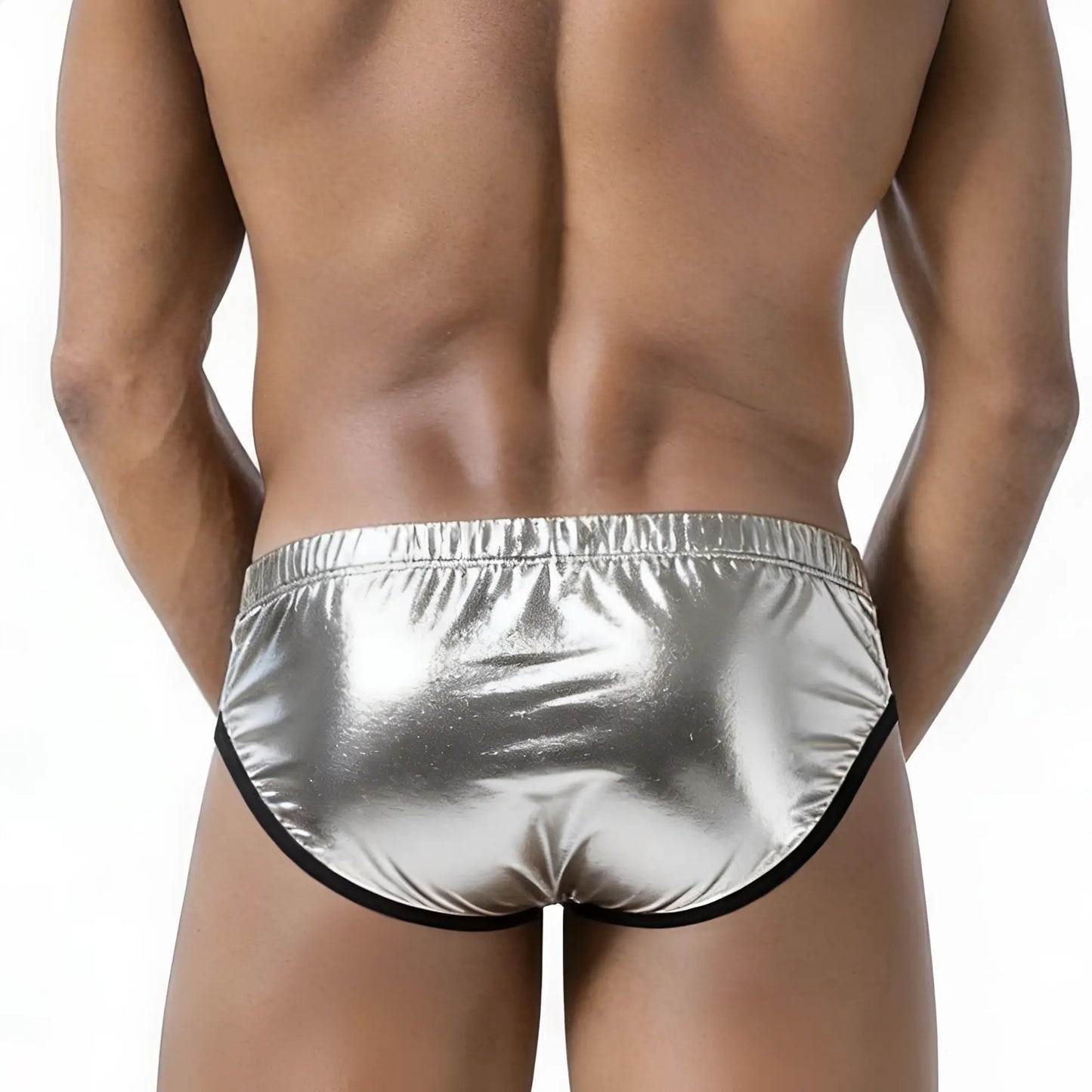 Shiny silver metallic briefs with black trim metroMalewear puente bikini metalic silver 3603m10 front view