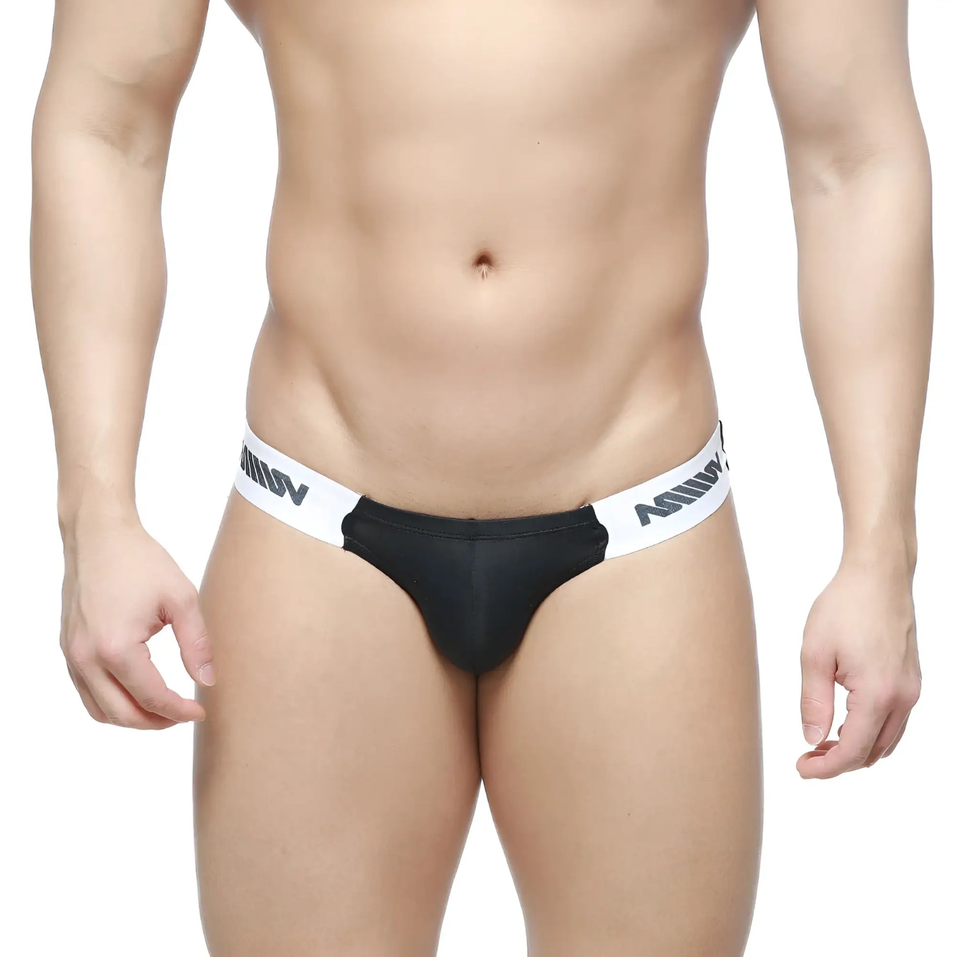 Black briefs with white elastic waistband and bold black logo by MetroMaleWear Puente Bikini Passion 3603-43