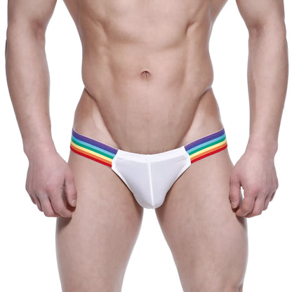 White athletic briefs with rainbow-striped elastic waistband from Metromalewear Puente Bikini 3603-01 collection