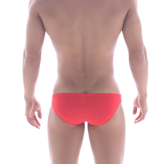 MetroMaleWear Puente bikini red swim trunks are bright red, form-fitting, and designed for a stylish swim experience