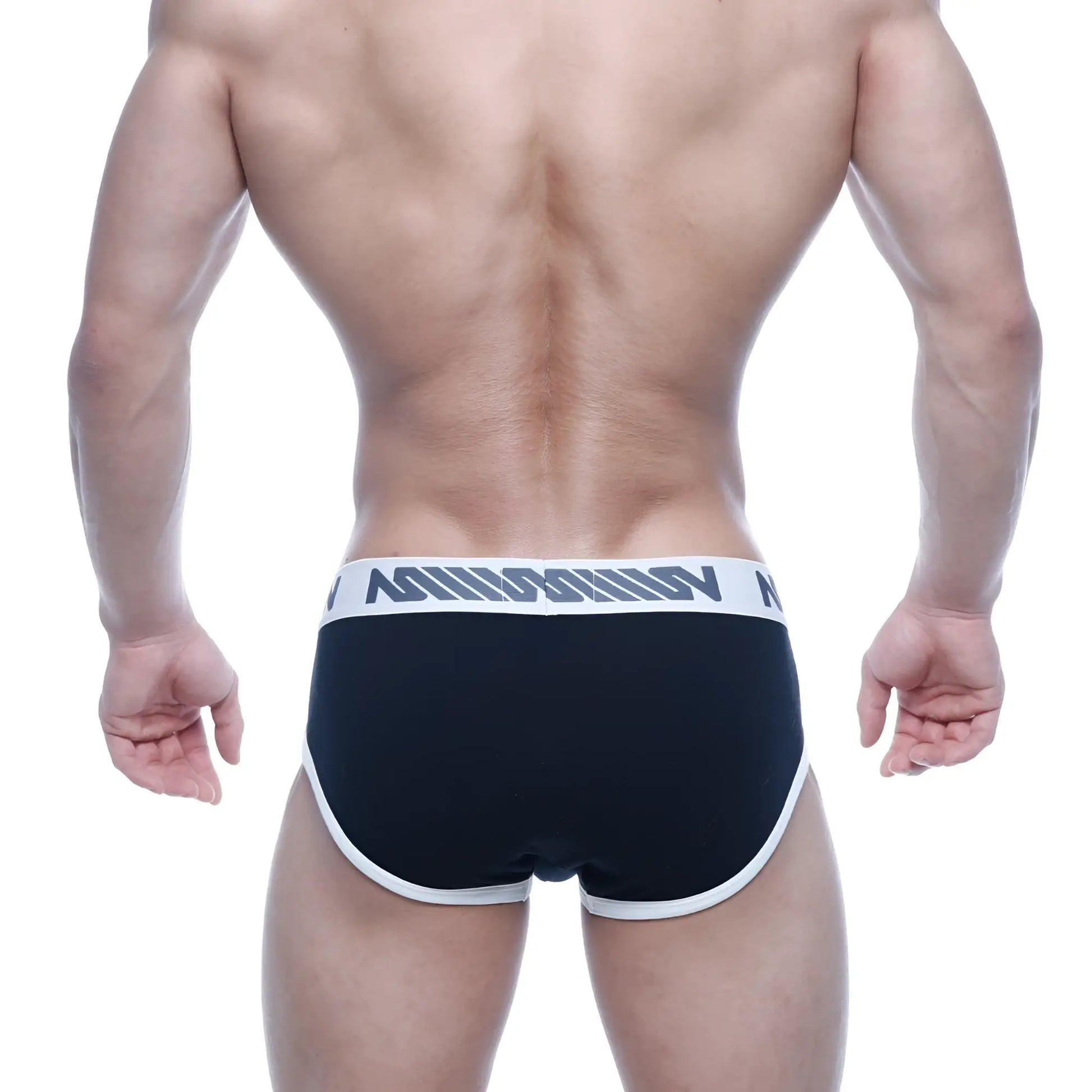 MetroMaleWear Punto hip brief black with white trim and gray logo band comfortable men’s underwear