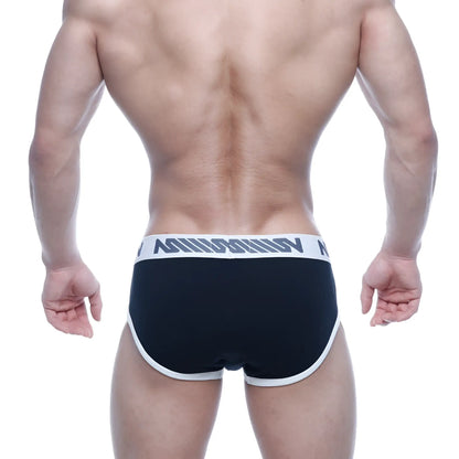 MetroMaleWear Punto hip brief black with white trim and gray logo band comfortable men’s underwear