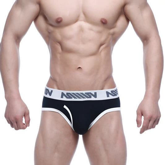 Metro male wear punto hip brief black with white trim and gray logo waistband for comfortable daily wear