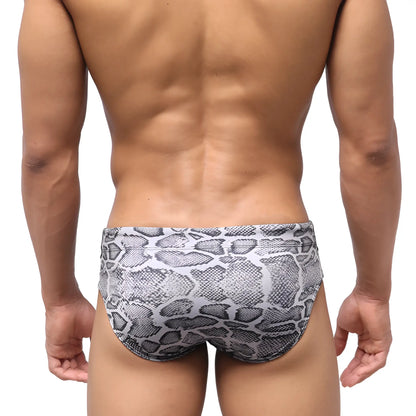 MetroMaleWear python swim brief grey with gray and black snake-scale pattern designed for swimming and beachwear
