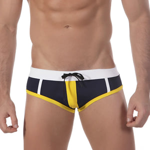 MetroMaleWear Quantum swim brief 4916-82 navy blue and yellow with white trim and black drawstring waistband