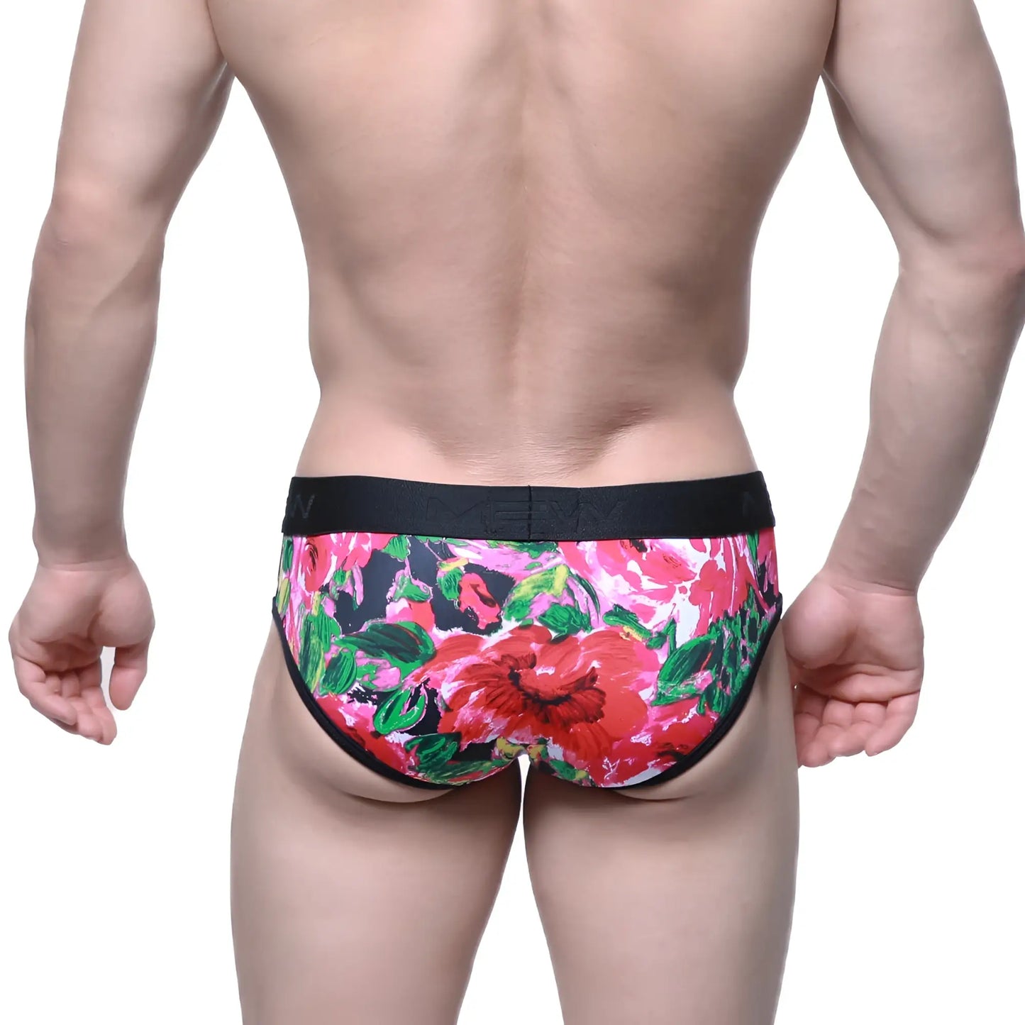 MetroMaleWear Queen Brief 6106-03 vibrant floral men’s briefs with bold red pink blossoms green leaves and black waistband