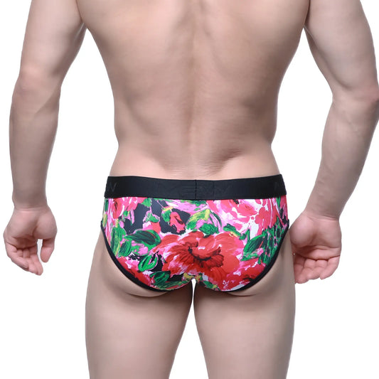 MetroMaleWear Queen Brief 6106-03 vibrant floral men’s briefs with bold red pink blossoms green leaves and black waistband