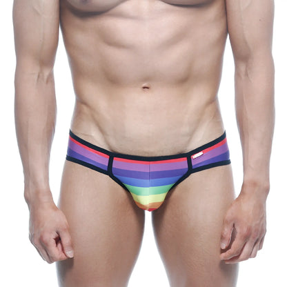 MetroMaleWear rainbow bikini 6105-04 rainbow striped men’s briefs with black trim and a small red brand tag
