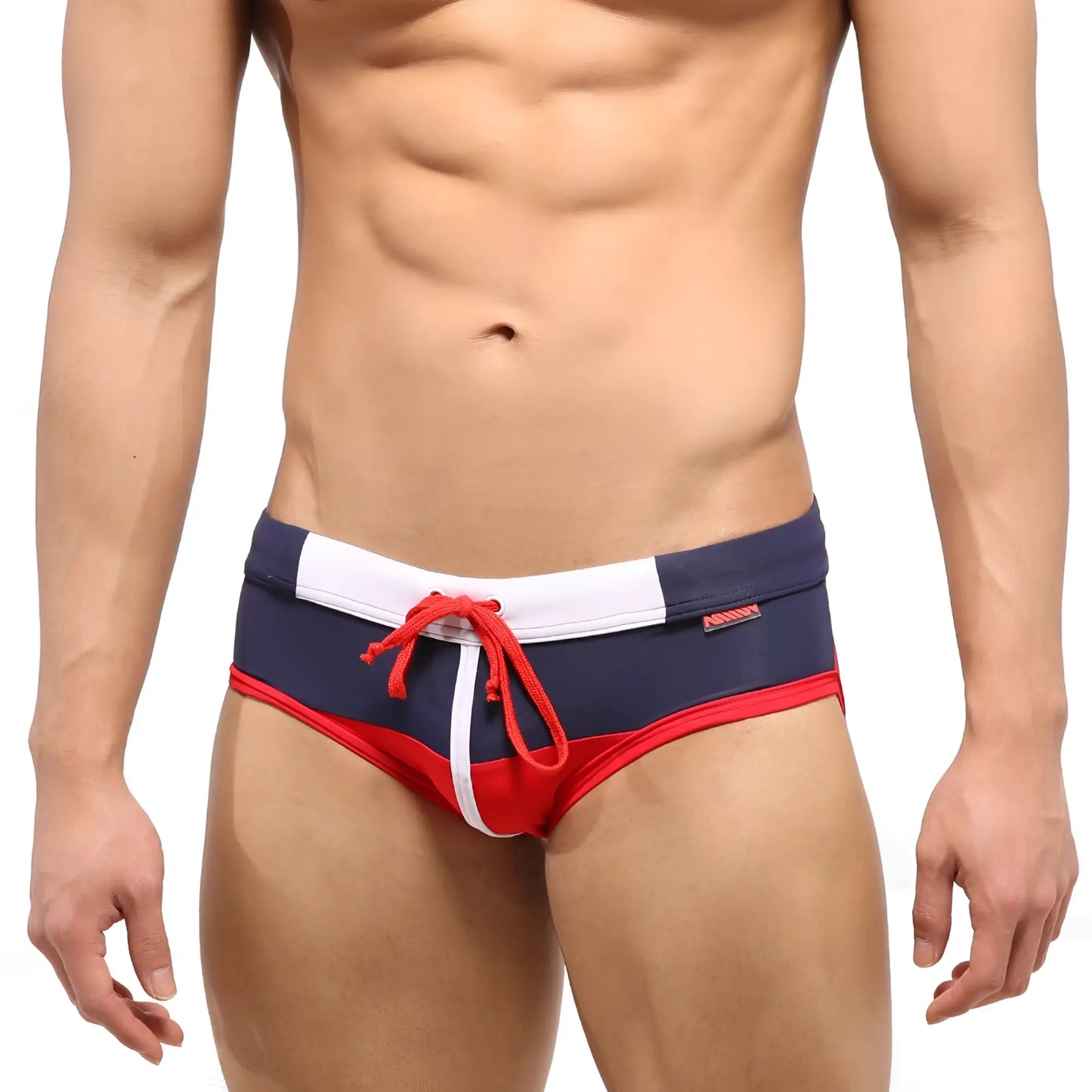 Metro male wear reno swim brief red 4962-12 navy blue and red trunks with white trim and red drawstring for swimming