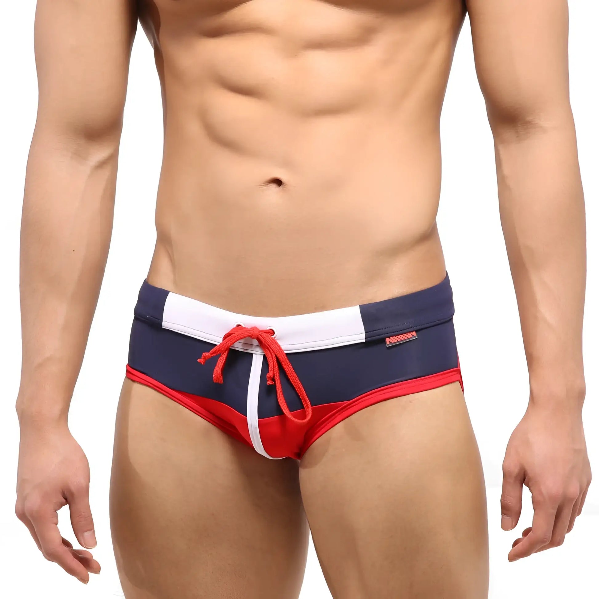 Metro male wear reno swim brief red 4962-12 navy blue and red trunks with white trim and red drawstring for swimming