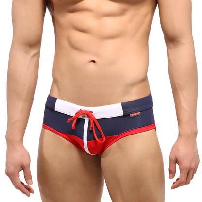 Metro male wear reno swim brief red 4962-12 navy blue and red trunks with white trim and red drawstring for swimming