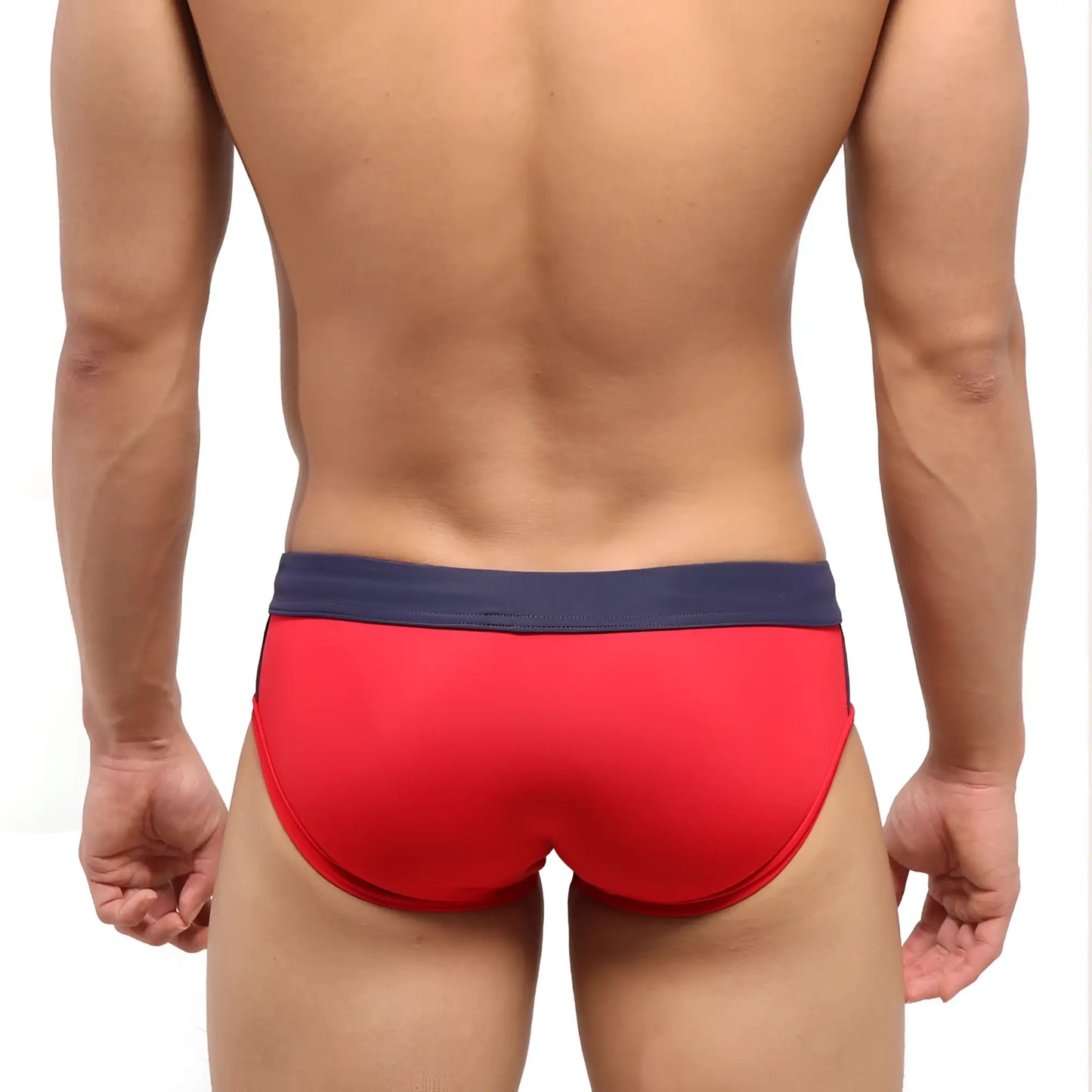Metro male wear reno swim brief in red with navy blue waistband designed for men’s swimming and beachwear