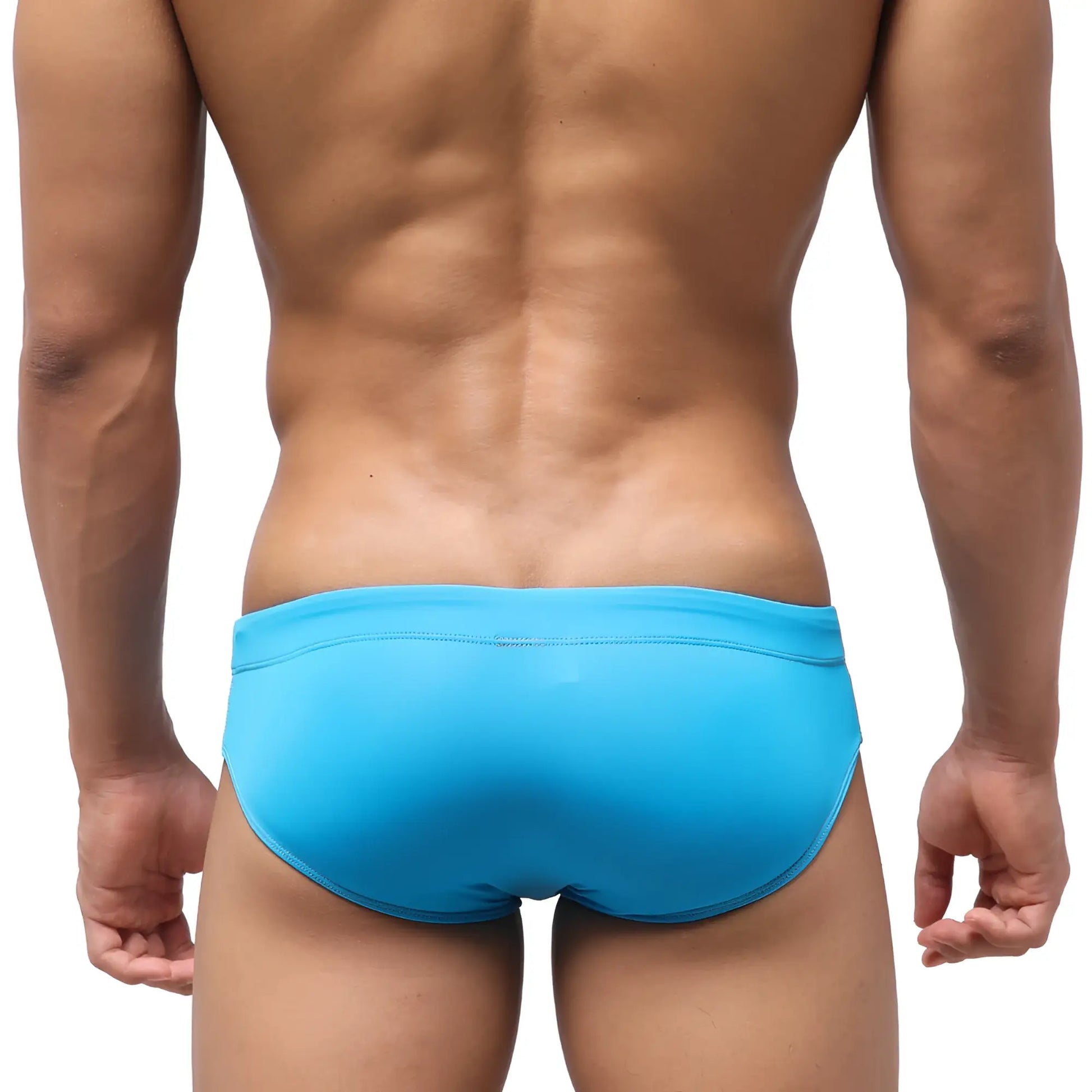 Bright blue smooth form-fitting swim bikini trunks by Metromalewear ideal for swimming and beachwear