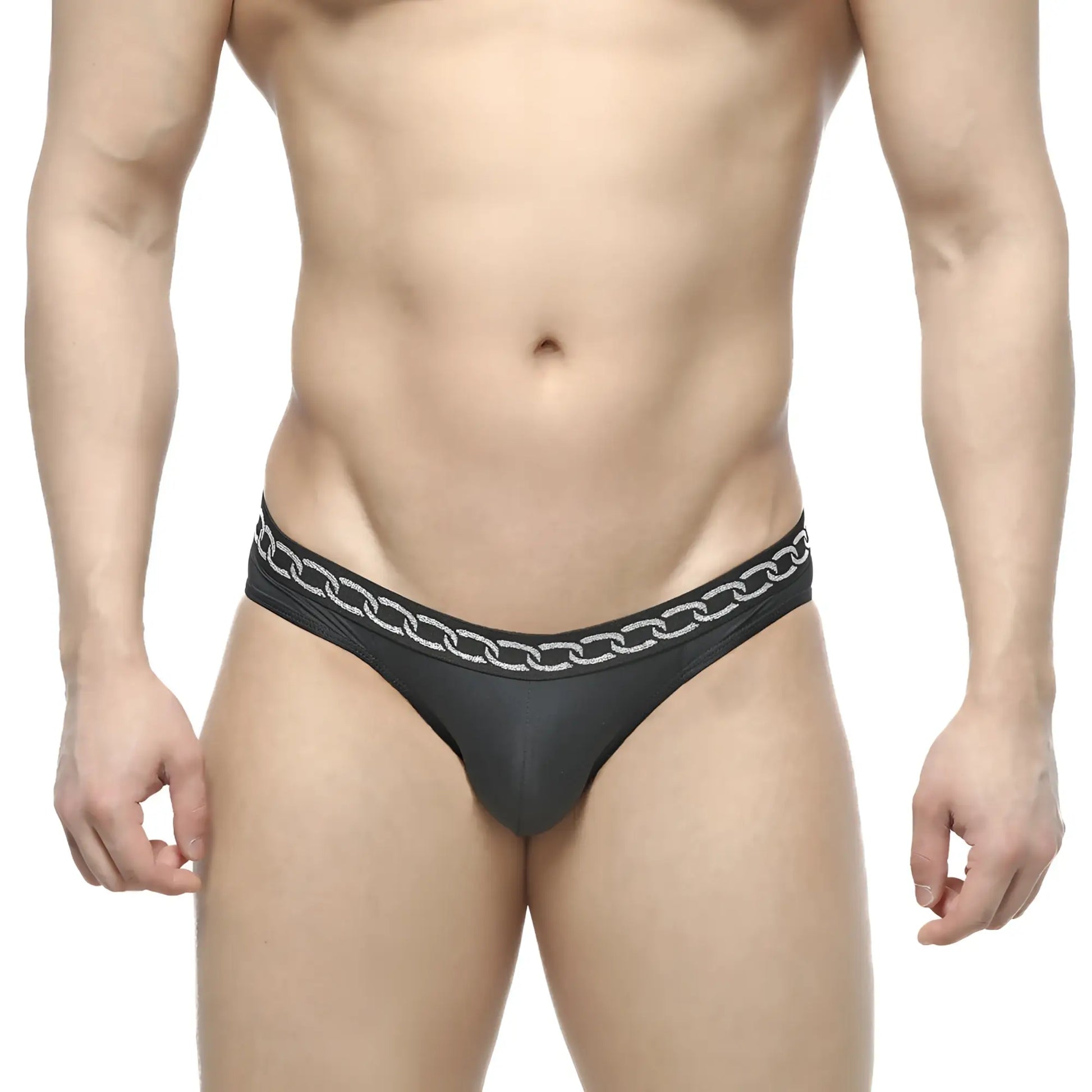 MetroMalewear rhapsody bikini black thong featuring a silver chain pattern along the waistband shown from the back