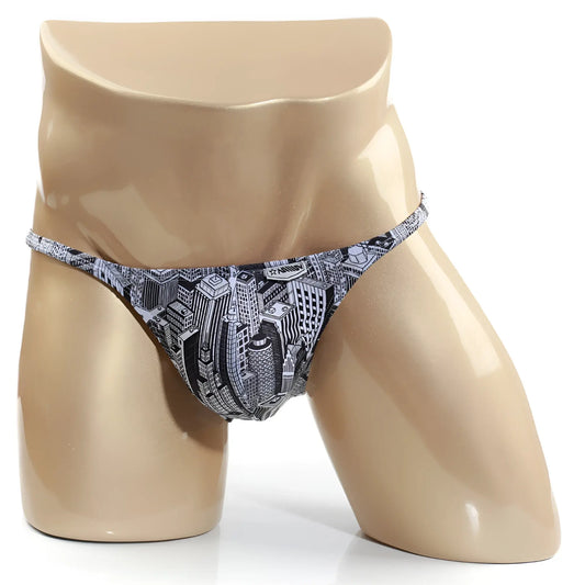 Black and white cityscape patterned men’s briefs displayed on a mannequin from MetroMaleWear Romantic Bikini Skyscaper 6008-48