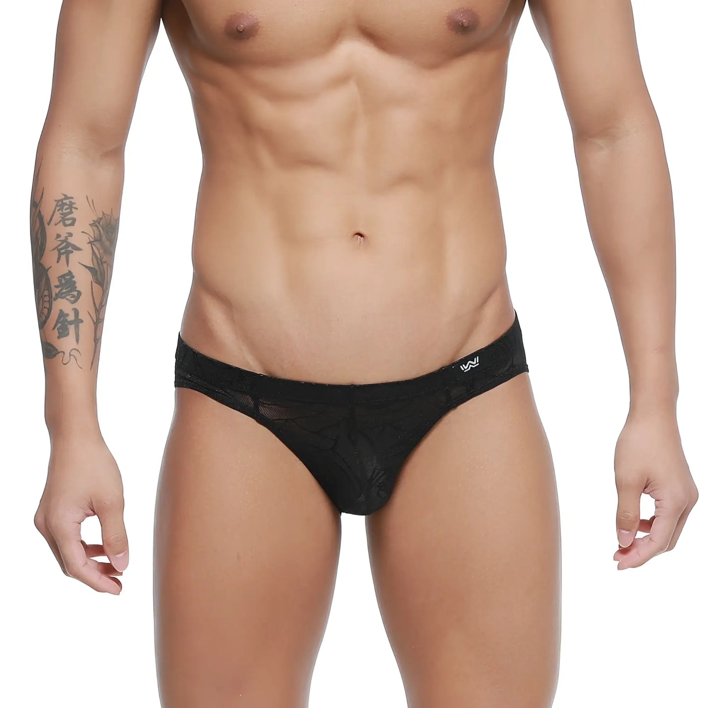 Black lace men’s briefs metroMaleWear rosa bikini 5103-M31 with subtle pattern and white waistband logo