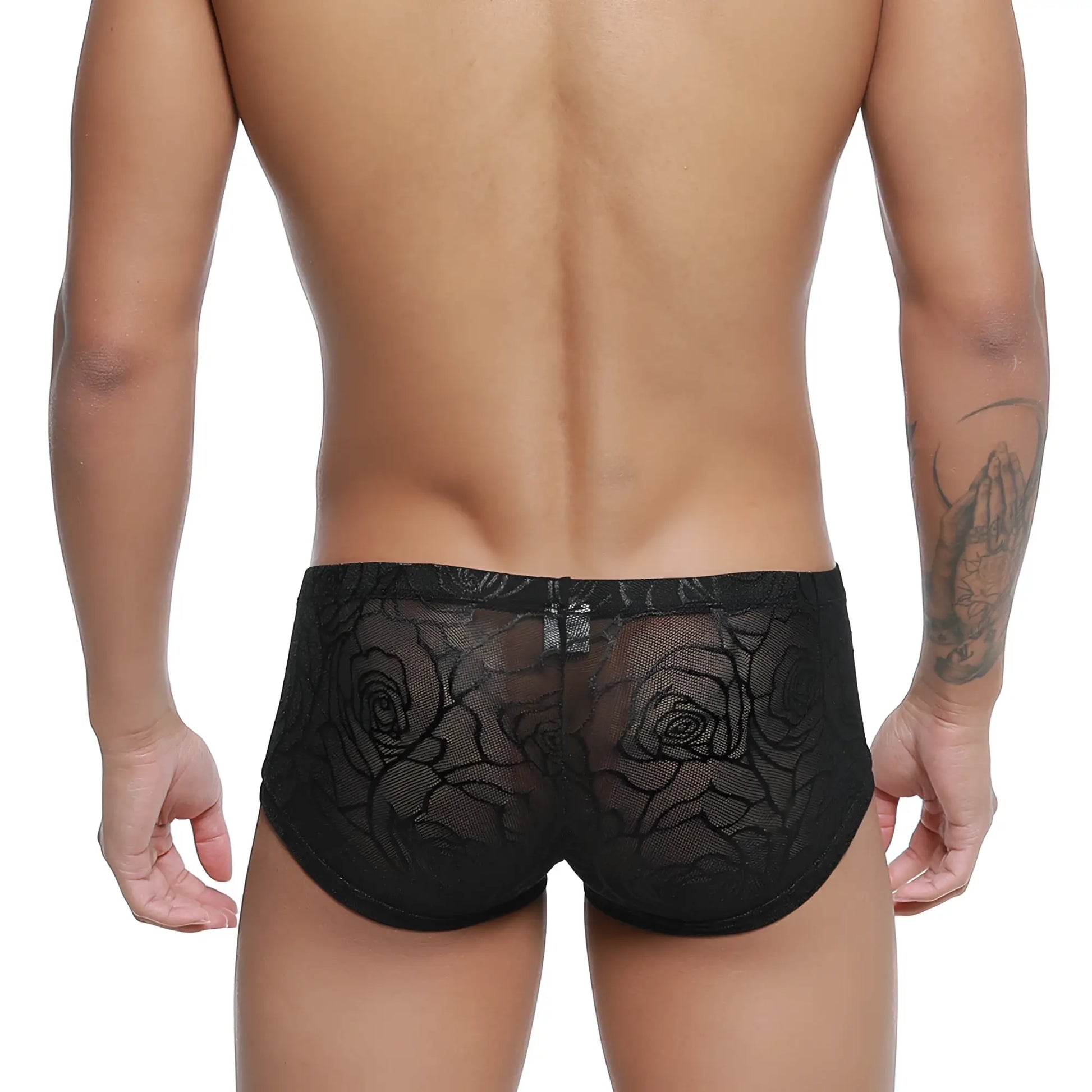 Black lace briefs with intricate rose pattern from metromalewear rosa trunk 2125-31 front view
