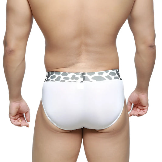 White briefs with a gray and white giraffe print waistband from metromalewear sabana brief 5003-54 collection