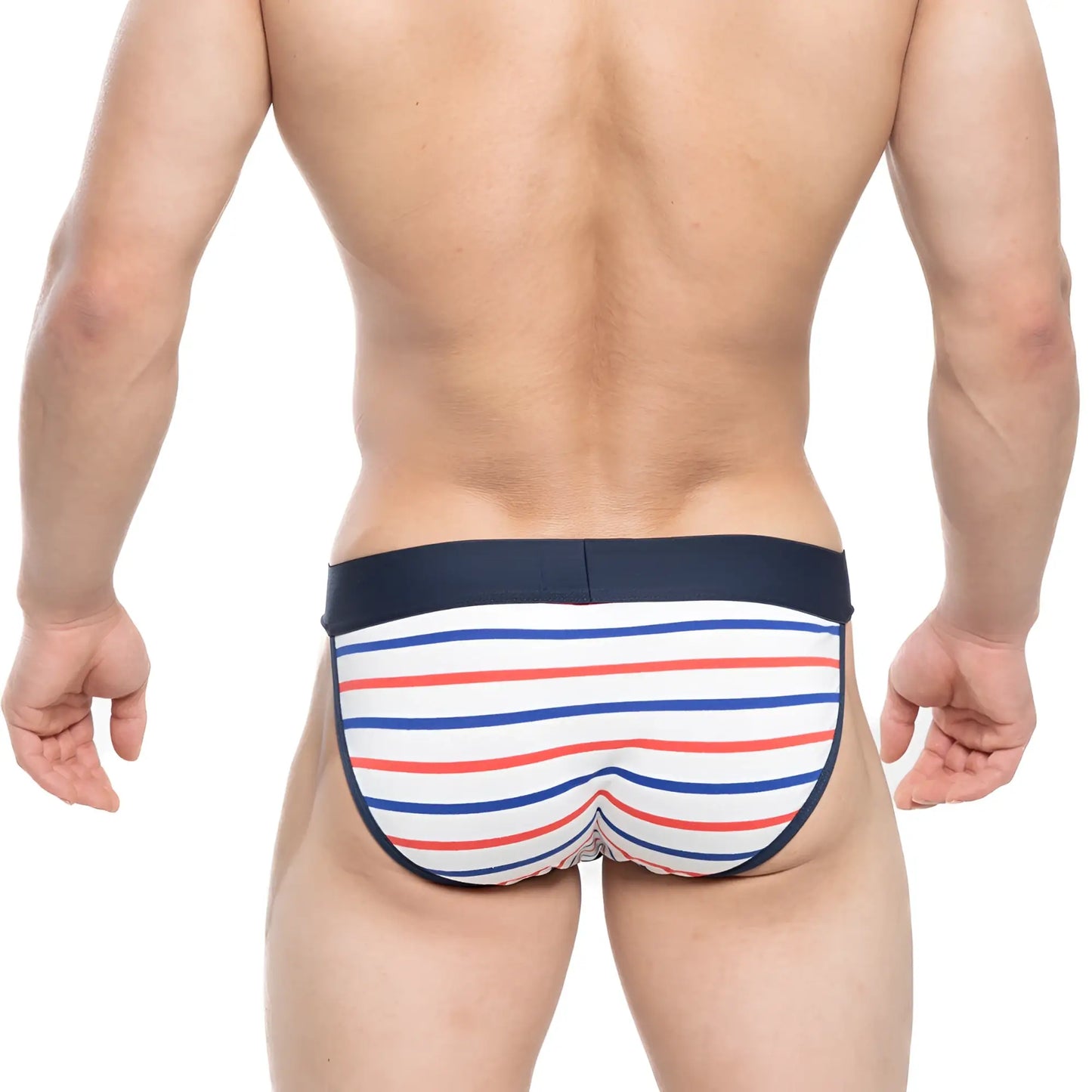 Striped men’s briefs in white red and blue with navy waistband from MetroMaleWear sailor stripe bikini 3004-75
