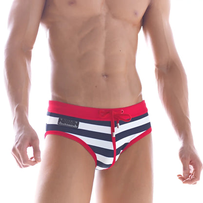 MetroMaleWear sailor swim brief 4916-40 striped in red white and navy blue with red drawstring waistband for swimming