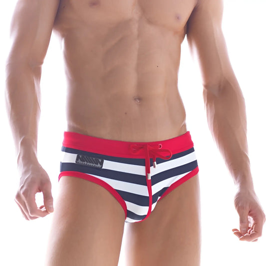 MetroMaleWear sailor swim brief 4916-40 striped in red white and navy blue with red drawstring waistband for swimming
