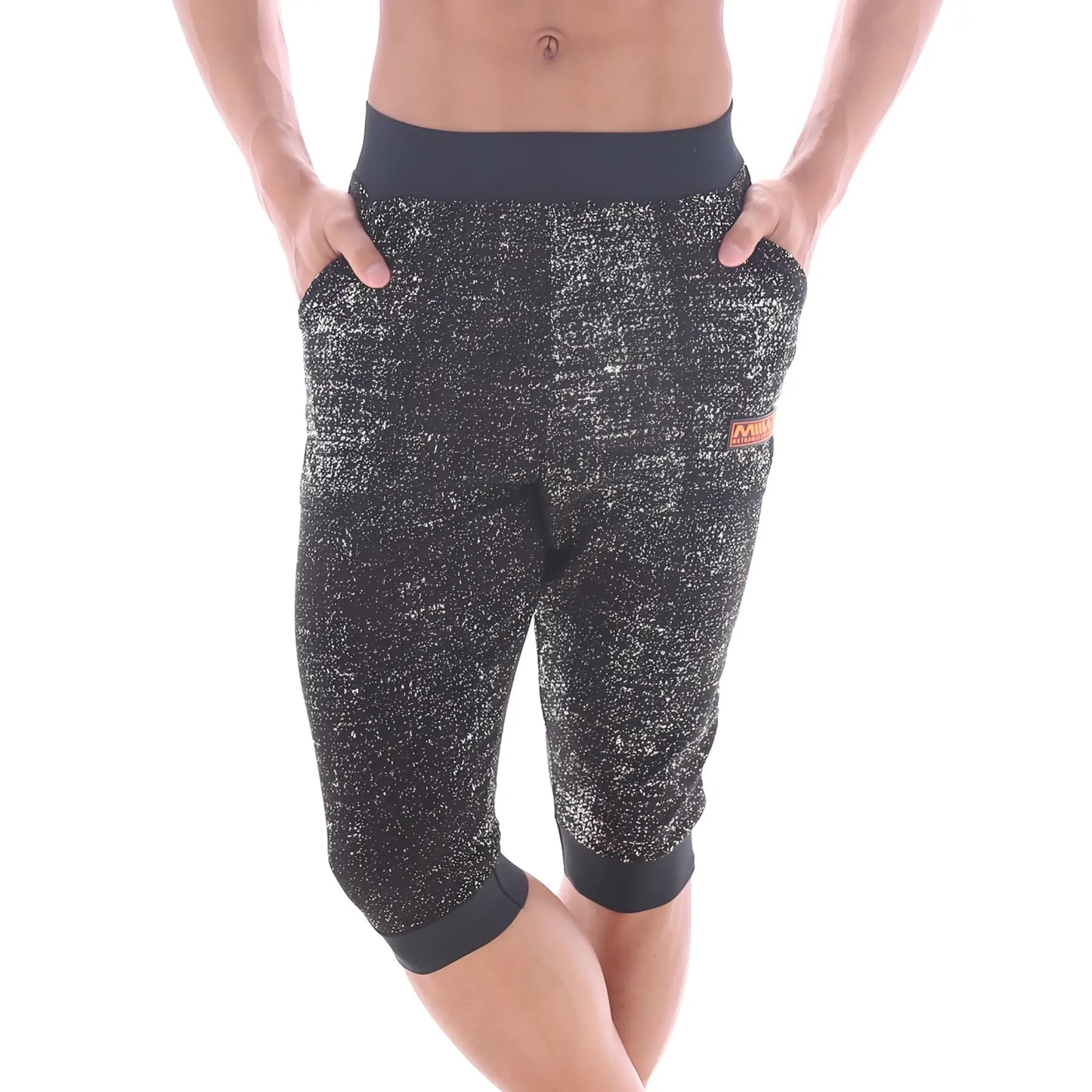 Metro Male Wear black capri gym shorts featuring black and silver speckled fabric with a solid black waistband and cuffs.
