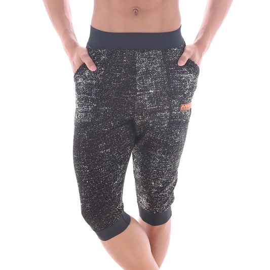 Metro male wear scandinavia gym shorts black 4711-20 capri pants with black silver speckled fabric and solid black waistband and cuffs