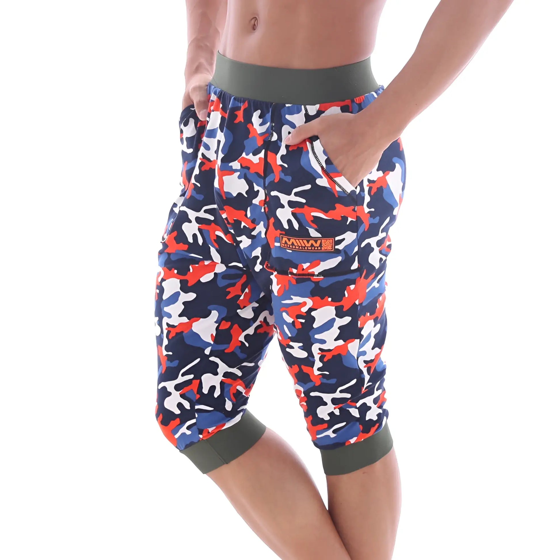 Men’s metro male wear scandinavia gym shorts camo navy capri pants with navy red white camouflage and olive green waistband