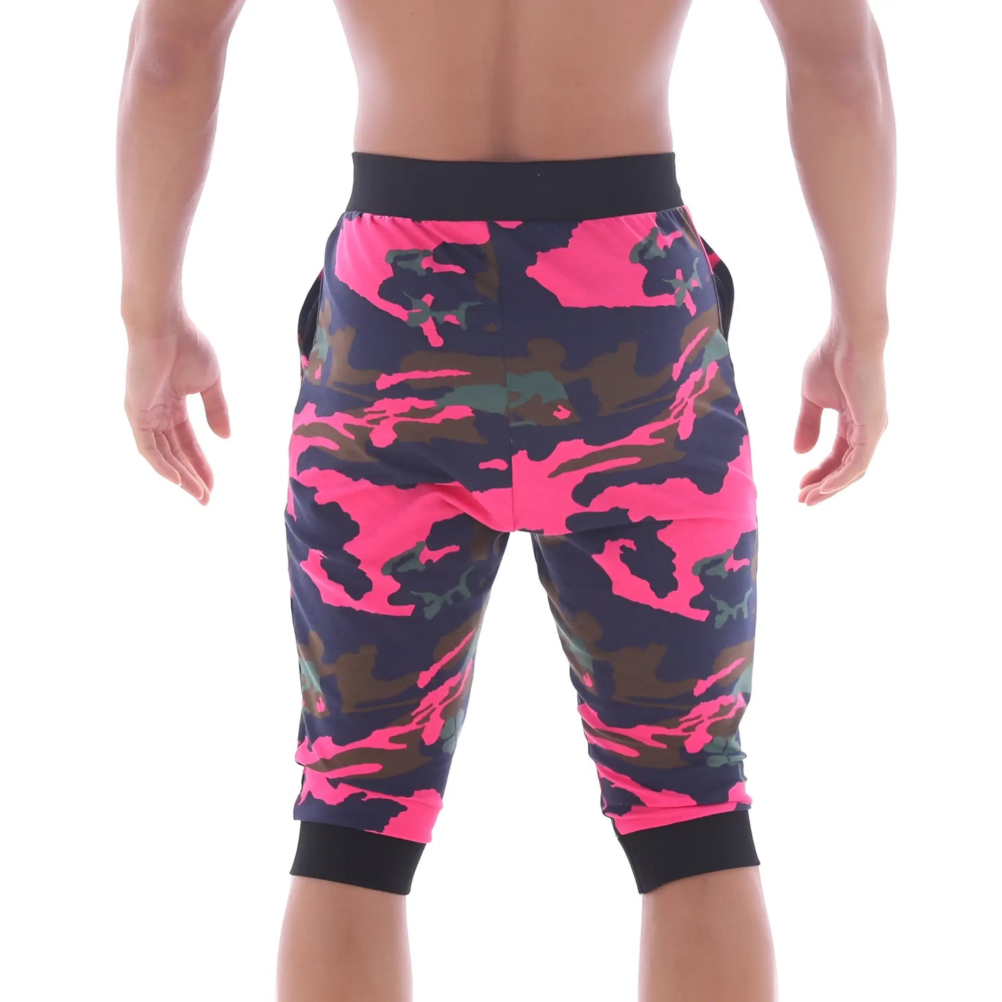 Metro malewear scandinavia gym shorts camo pink capri shorts with bright pink dark green camouflage print and black waistband