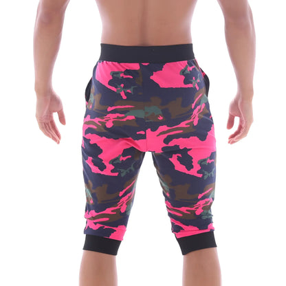 Metro malewear scandinavia gym shorts camo pink capri shorts with bright pink dark green camouflage print and black waistband