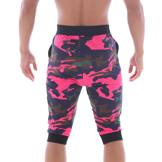 Metro malewear scandinavia gym shorts camo pink capri shorts with bright pink dark green camouflage print and black waistband