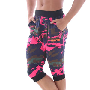 MetroMaleWear Scandinavia gym shorts camo pink capri pants with bright pink navy blue camouflage and black elastic waistband