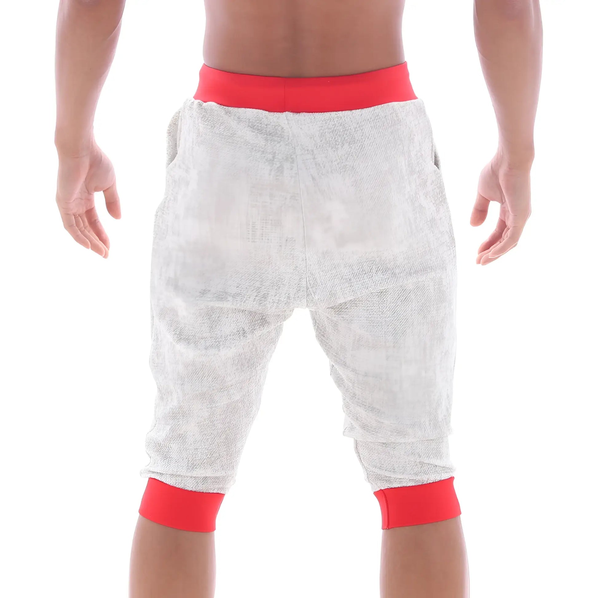 MetroMaleWear Scandinavia gym shorts ivory 4711-10 gray textured capri pants with red elastic waistband and cuffs