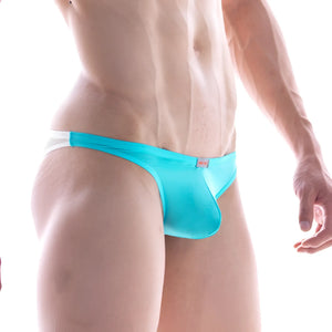 Turquoise form-fitting mens briefs with a white waistband and red brand tag from MetroMaleWear Seduction Bikini 2004-45