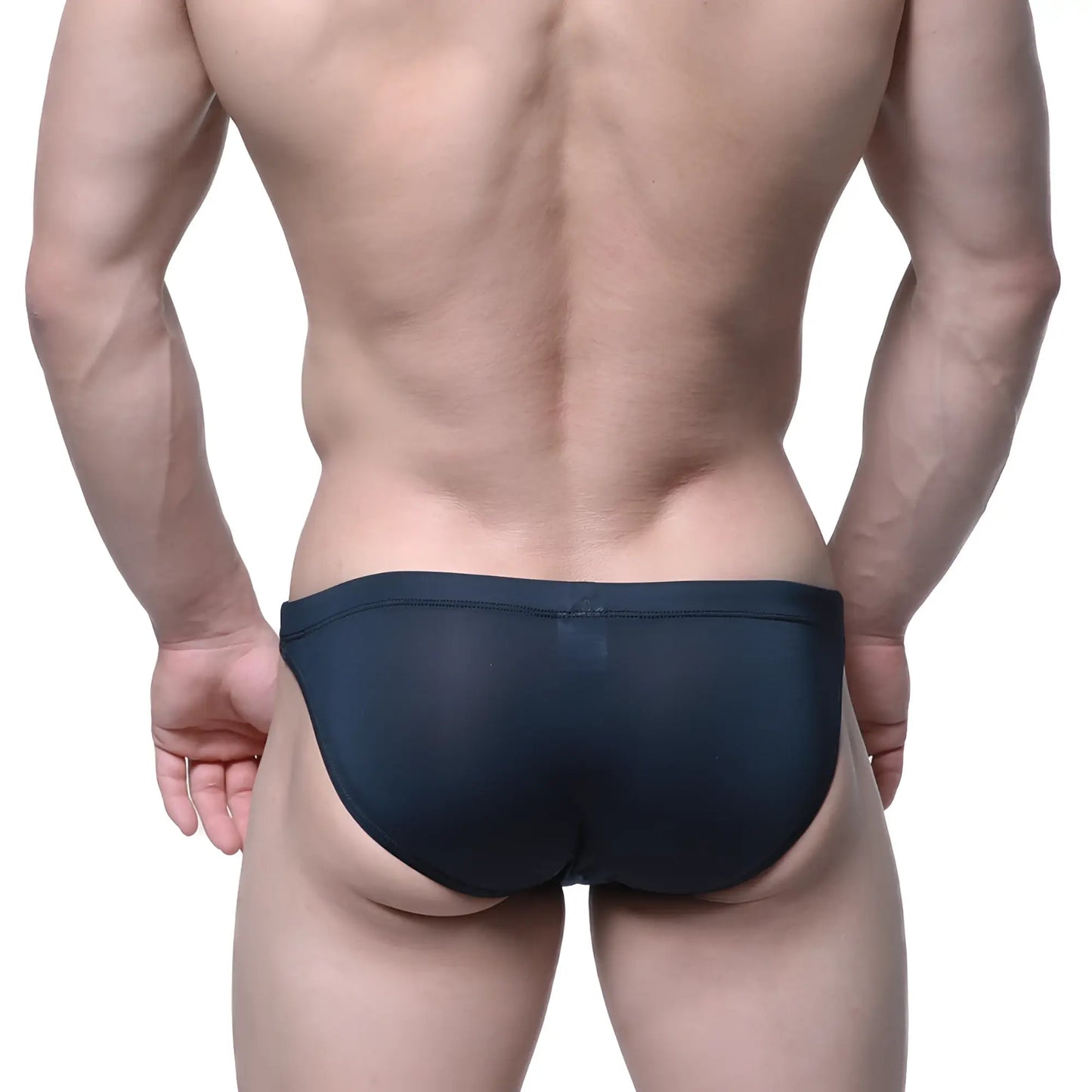 Dark navy blue sheer mesh briefs from metromalewear see through swim bikini black 4937-21 front view