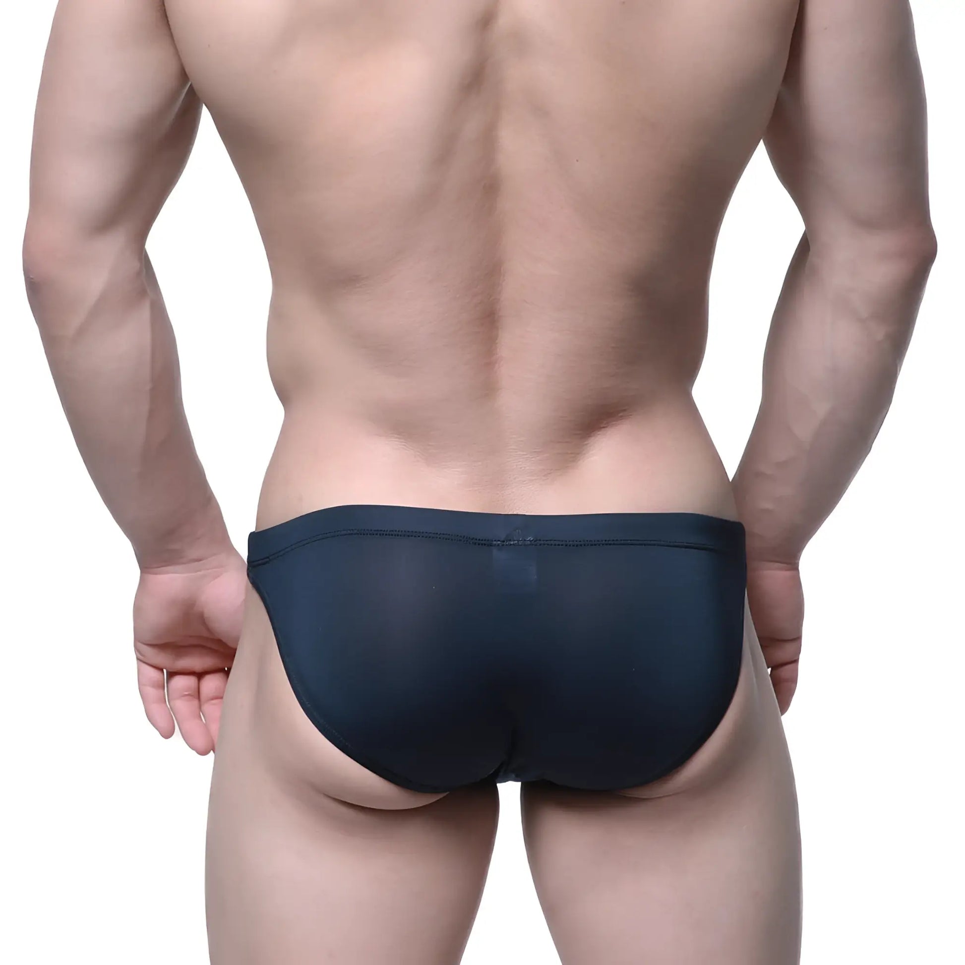 Dark navy blue sheer mesh briefs from metromalewear see through swim bikini black 4937-21 front view